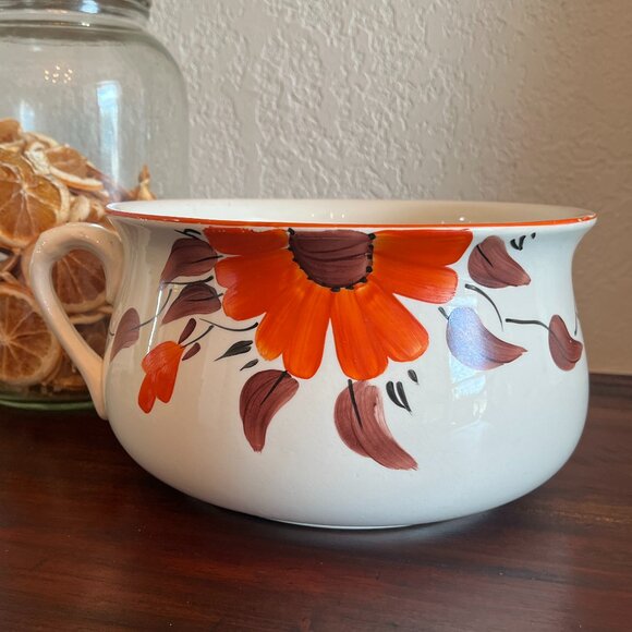 Vintage Planter Chamber Pot w/ Handle Floral Boho Retro Cottagecore Hand Painted - Picture 1 of 8